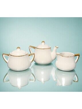 Meito China 1950s Mini Teapot Sugar Creamer Set White Gold Rim Hand Painted